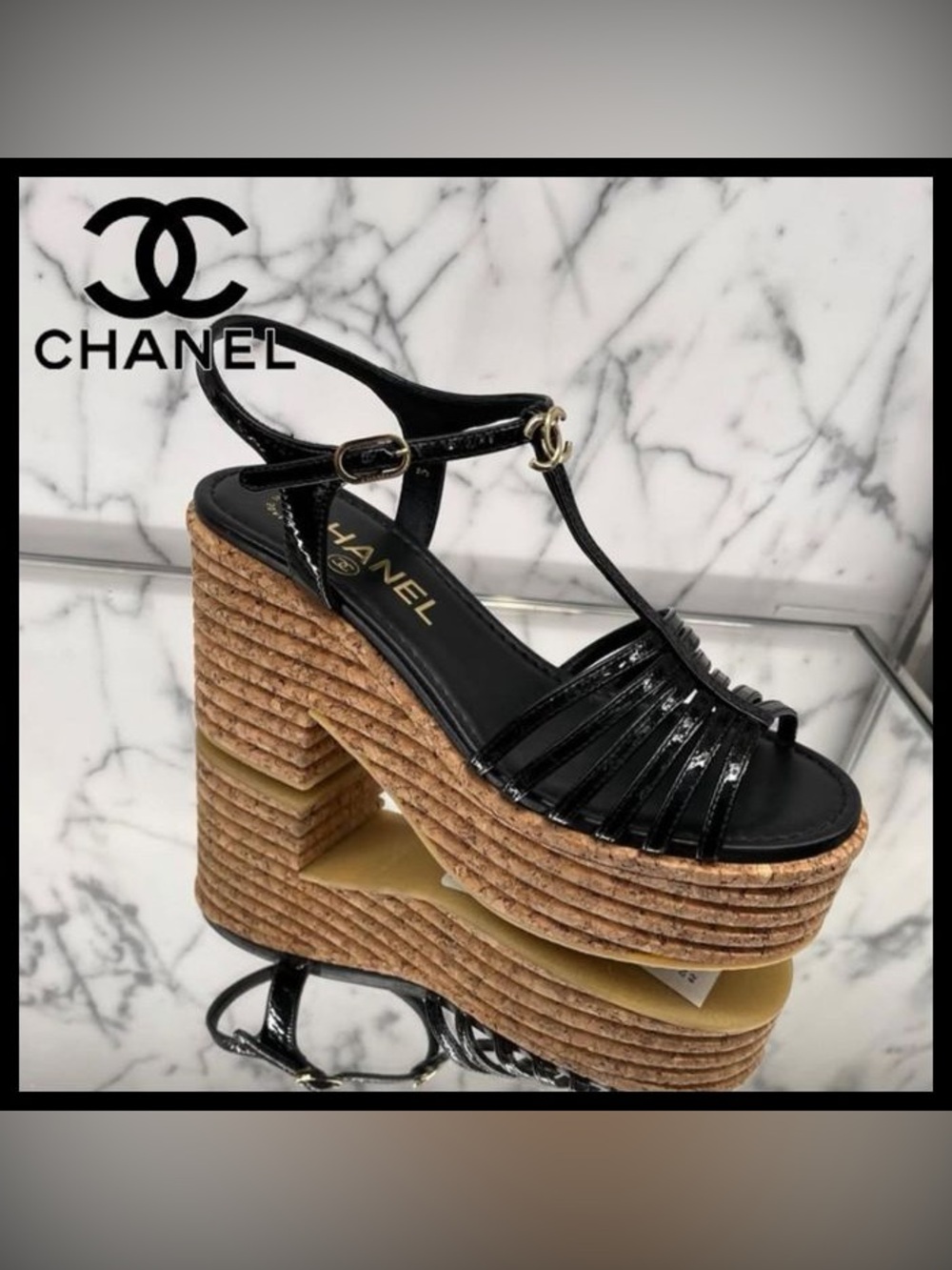 CHANEL Black Patent Leather T-Strap Cork Platform Sandals